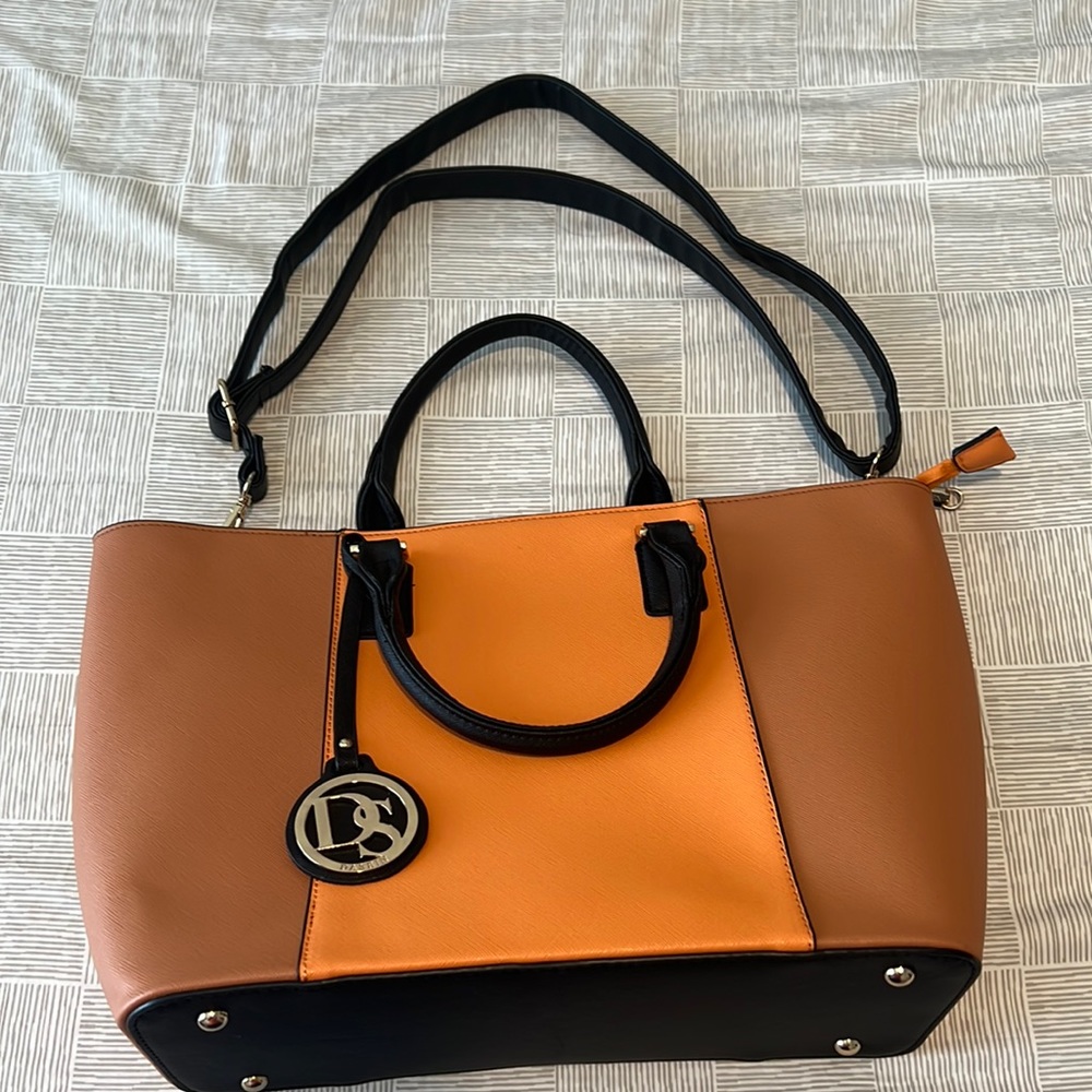 Brown and Orange Faux Leather Tote Bag with Black Handles and Removable Strap